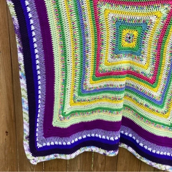 Small Handmade Crocheted Throw Blanket 54” x 52” Purple Green Yellow Pink - Picture 12 of 16